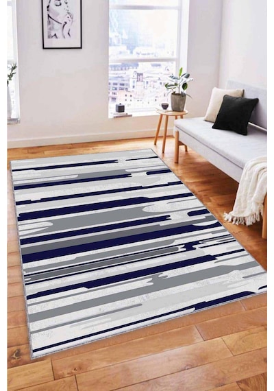 Lacivert Spor Kaymaz Tabanlı Makinede Yıkanabilir Halı Fh04