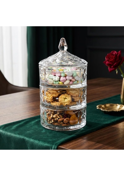 Assa Bazaar 3 Katlı Kristal Cam Şekerlik Lokumluk Ve Çerezlik Sunum Kulesi 3 Katlı Beyaz Diğer