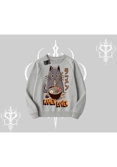 Startmore Biskilet Sweatshirt Ramen Lover Kedi Anime Baskılı Gri