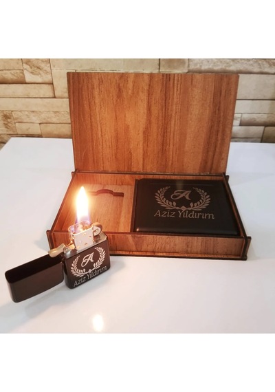 Kişiye Özelahşap Kutulu Metal Çakmak & Metal Sigara Tabakası