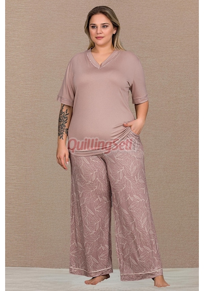 Lady Pudra Renk Çiçek Desenli 11067 Kısa Kol Kadın Büyük Beden Anne Pijama Takımı