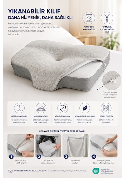 Premium Visco Yastık 62x42 Cm Boyun Destekli Ortopedik Uyku Yastığı Açık Gri