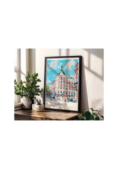 Madrid Spain Travel Poster Ahşap Çerçeveli Dekoratif Duvar Tablosu Siyah