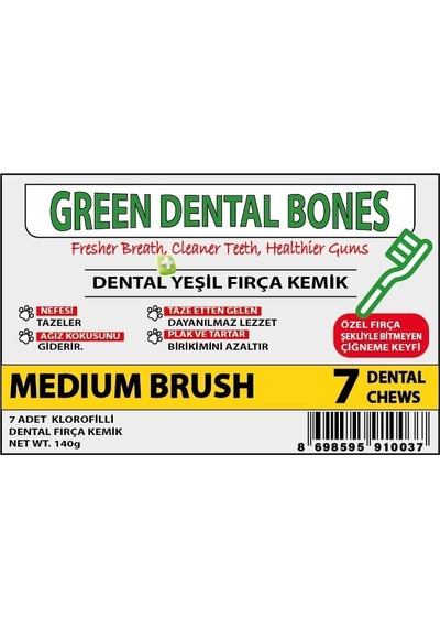 Green Dental Bones Medium Köpek Ödülü 140g Ağız Kokusu Giderici, Diş Temizleyici, Plak & Tartar Önleyici, Doğal Klorofilli 7'li Paket