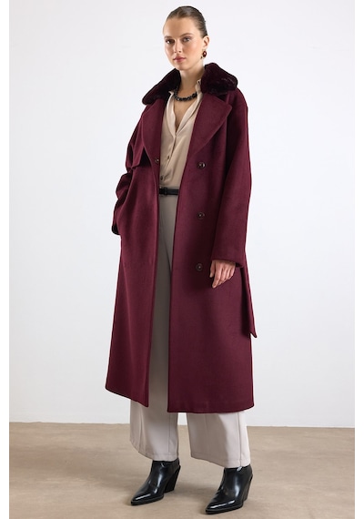 Olcay Oversize Çıkabilen Kürklü Düşük Kol Kaban Mürdüm 3178