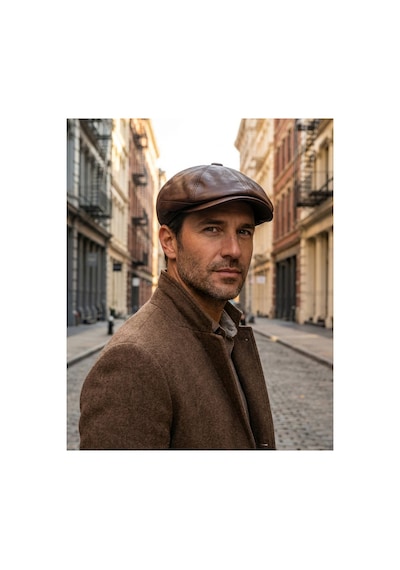Emybox %100 Hakiki Deri 8 Köşe Kasket Şapka - Peaky Blinders Tarzı Lastikli Erkek Şapka Koyu Taba Kahve