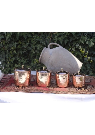 Bakır Baharat Takımı Cekiç Dövmeli Bakır Renk (4'lü) Parlak Bakır