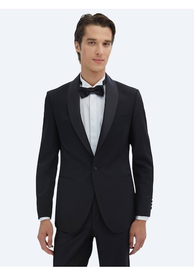 Kip Siyah Slim Fit Şal Yaka Dokuma Smokin Takım Elbise Siyah