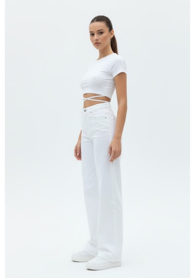 Woddi Nova Kadın Yüksek Bel Beyaz Salaş Jeans Wide Leg Geniş Paça Palazzo Kot Pantolon