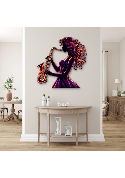 Neon Saksofoncu Kadın - Metal Tablo - Dec0243 70 X 72 Cm Çok Renkli
