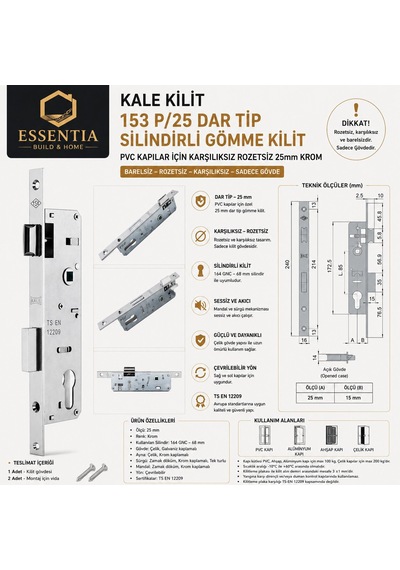 Kale Kilit 153 P/25 Dar Tip Silindirli Gömme Kilit 25mm Krom Çoklu Renk