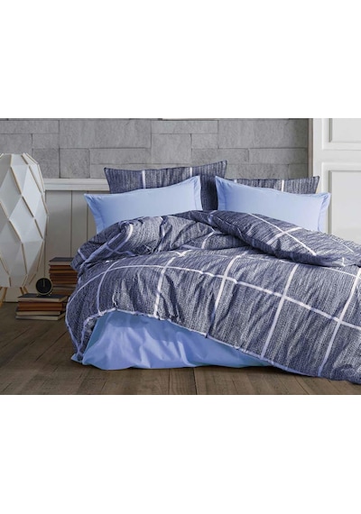 Lüks%80 Pamuklu Çift Kişilik Nevresim Takımı Seti Yorgan Kılıfı Mavi Lacivert Kare Beyaz Çizgi Desen 200x220 Cm Diğer