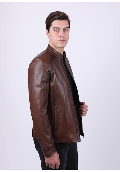 New Zaya Leather Erkek Açık Kahverengi Hakiki Deri Ceket-Altın (466895350) Altın
