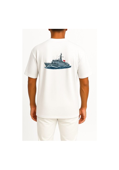 Bahriyeli Collection Oversize Tcg Bafra F505 Savaş Gemisi Cep Ve Sırt Tasarımlı Unisex T-shirt Beyaz