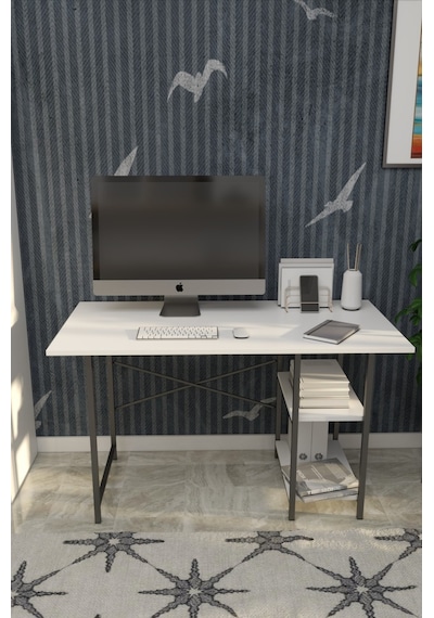 VayAvm 60x120 Metal Ayaklı 2 Raflı Çalışma Ofis Masası Beyaz