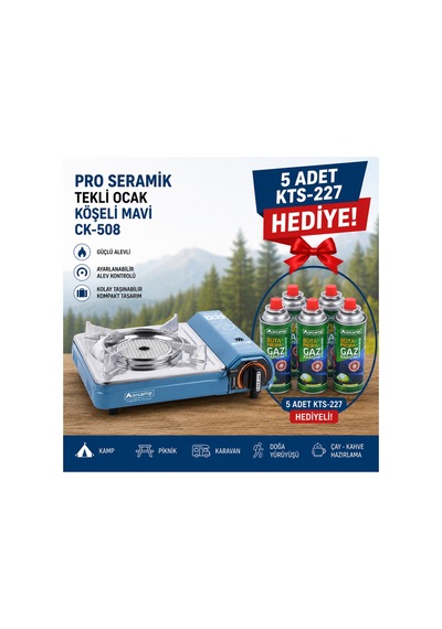 Orcamp Pro Ck-508 Seramik Tekli Ocak Köşeli Mavi 5 Adet Kts-227 Gaz Kartuşu Hediyeli Mavi