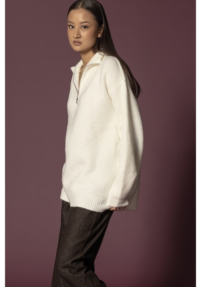 Nisan Fermuarlı Triko Kazak Ekru