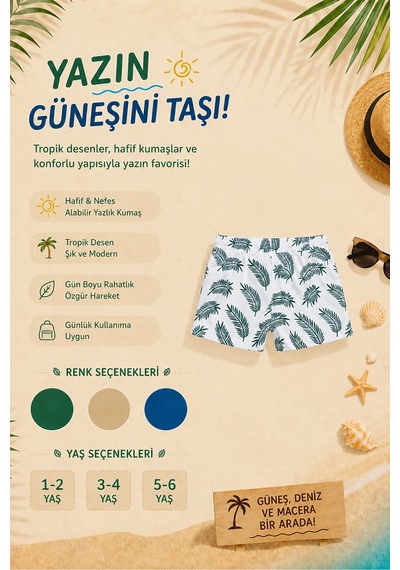 Overmax Palmiye Baskılı Çocuk Şort 1-6 Yaş Trend Yazlık Takım Yeşil - 903164519 Yeşil