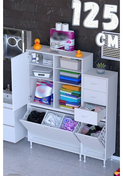 Nero 125 Cm Beyaz Sepetli Ve Çekmeceli Çok Amaçlı Banyo/mutfak Dolabı 90+35 X160x32,5 Cm