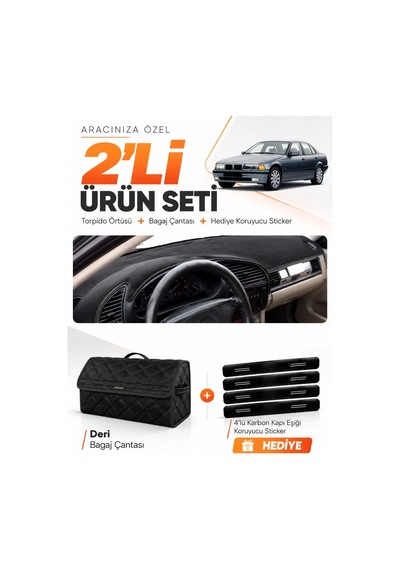 Bmw E36 1990-2000 Uyumlu Torpido Örtüsü + Deri Bagaj Çantası + Sticker Seti - Siyah