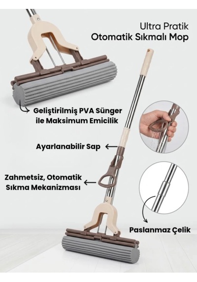 Kendinden Sıkma Mekanizmalı Mikrofiber Kelebek Mop & Paslanmaz Çelik Saplı & Sünger Sıkmalı Mop