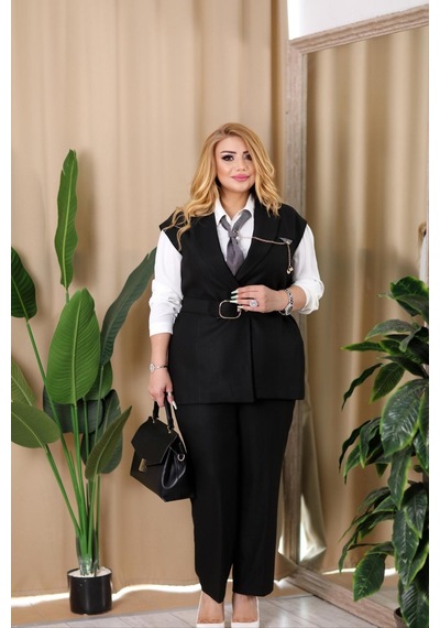 Lady Sharm Krep Kumaş Zincir ve Kravat Detaylı Büyük Beden Kadın Takım Siyah
