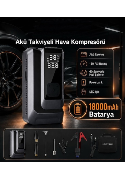 At006 Akü Takviyeli Hava Kompresörü 4'ü 1 Arada Powerbank, Hava Kompresörü, Lcd Ekran, 18.000mah 150psı