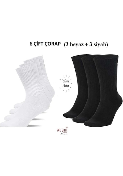 Abani Classic 6 Çift Spor Çorap Beyaz Siyah Uzun Havlu Taban Terletmez Beyaz - Siyah