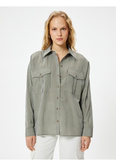 Koton Oversize Gömlek Uzun Kollu Düğmeli Cepli Viskon Karışımlı Haki Çizgili 4sak60286pw Haki Koton Oversize Gömlek Uzun Kollu Düğmeli Cepli Viskon Karışımlı Haki Çizgili 4sak60286pw Haki