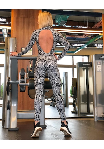 Lismina Yılan Desen Uzun Kollu Sırt Dekolteli Spor Tayt Tulum Gri - Siyah