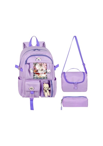 Waddell Kore Kawaii Tarzı Okul Sırt Çantası,günlük Sırt Çantası Termal Beslenme Çantası Ve Kalemlik Lila