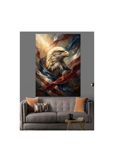 Amerikan Bayraklı Vakur Kartal Başı Yağlı Boya Dokulu Kanvas Tablo Canvas Tablosu