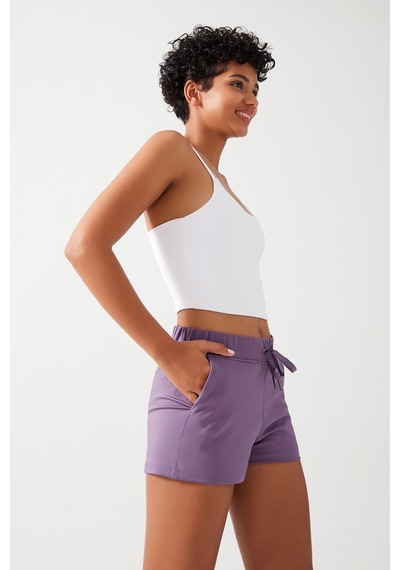 Los Ojos Kadın Lila Cepli Beli Lastikli Basic Fit Spor Şort Shorts Lila