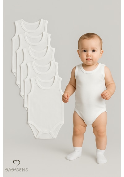 Babyden's 5 Li Set Bebek Kolsuz Zıbın %100 Pamuk Beyaz Çıtçıtlı Atlet Body 0-24 Ay Unisex İç Giyim Beyaz