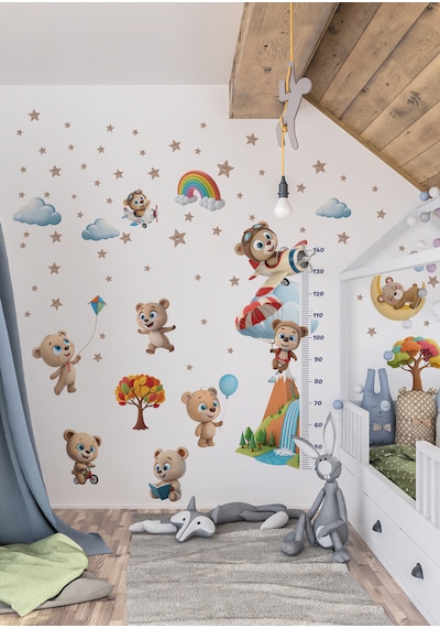Sevimli Ayıcık Temalı Boy Ölçerli Duvar Sticker Seti - Mat, Sökülebilir, Çocuk Odası Dekoru 010 - Mat Beyaz