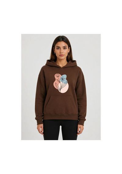 Herkesemoda Çiçek Baskılı Kapüşonlu 2 İplik Şardonlu Sweatshirt Kahverengi