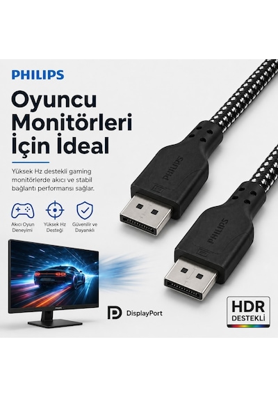 Philips Swr3139b 2 Metre Örgülü Displayport 1.4 Kablo, Dsc, 8k 60hz, 4k 240hz, 2k 360hz, 1080p 480hz, Hdr, 32.4 Gbps Dp Kablo 59400937