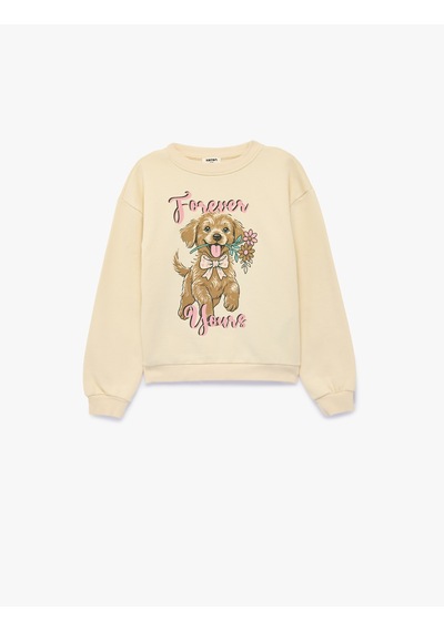 Koton Bisiklet Yaka Uzun Kollu Şardonlu Köpek Baskılı Sweatshirt Bej 7wkg10406ak Ekru