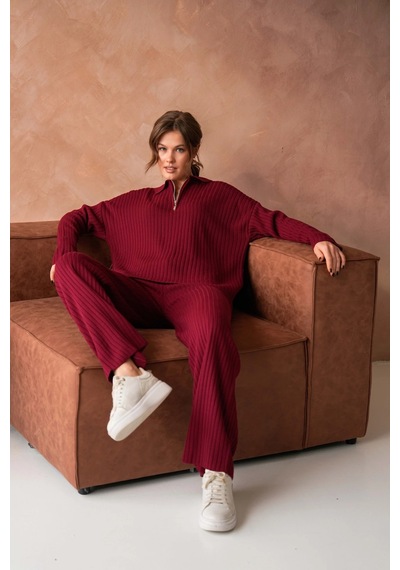 Park Karon Kadın Bordo Polo Yaka Oversize Kazak Pantolon Triko Alt-üst Takım 10955 Bordo