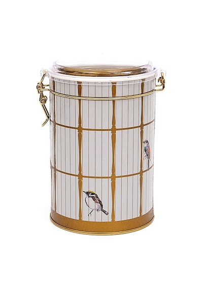 Bird Cage Desenli Kilitli Kapaklı Yuvarlak Metal Kutu, 10.5 X 15 Cm, 1.1 Lt