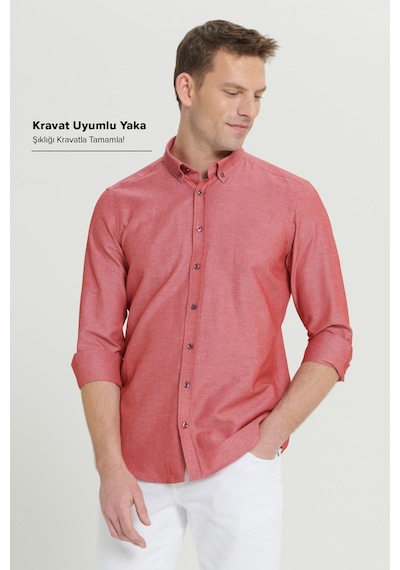 AC&Co / Altınyıldız Classics Erkek Bordo Tailored Slim Fit Dar Kesim Düğmeli Yaka Oxford Gömlek Bordo