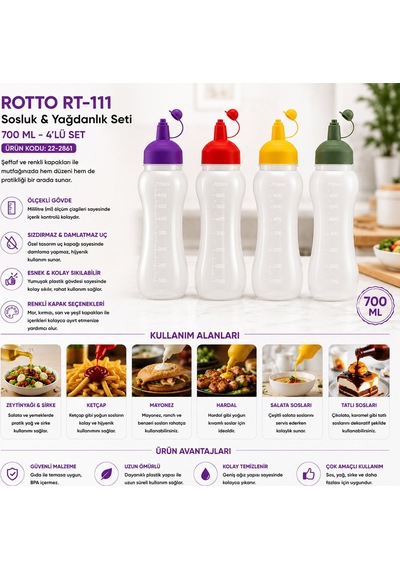 Rotto Rt-111 700ml Yağdanlık Sosluk Şeffaf Plastik Şişe Renkli Kapak Ölçekli Ketçap Mayonez - 24'li Paket Diğer