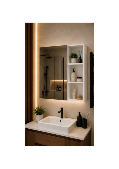 Pika Ayna Kapaklı Banyo Dolabı 3 Raflı Duvara Monte Beyaz Beyaz