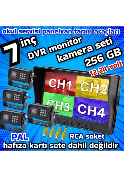4 Adet Metal Kasa Ledli Kamera 7 İnç Qled Ips Dvr Monitör 12 24 Volt 256 Gb