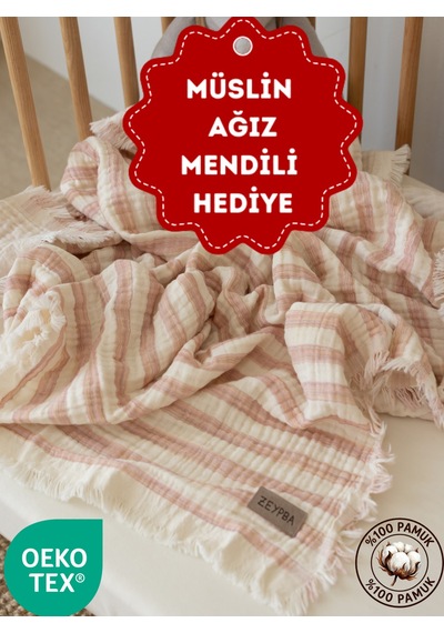 Zeypba 4 Katlı Müslin Örtü Pembe Çizgili 110x110 CM Bebek & Çocuk İçin % 100 Pamuk Pembe Melanj