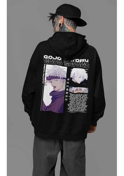 Anime Karakter Gojo Satoru Baskılı Unisex Oversize Jujutsu Kaisen Siyah
