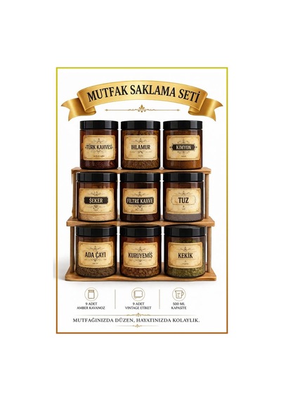 Mutfak Saklama Seti - 9 Amber Kavanoz Ve Gıda Etiketleri, 500 Ml