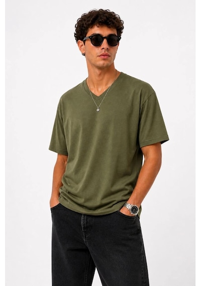 Erkek V Yaka Basic Tişört Kısa Kol Yazlık Regular Fit T-shirt - Haki Çok Renkli