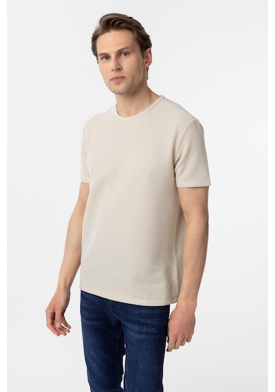 Süvari Bej Slim Fit Armürlü Bisiklet Yaka Tişört