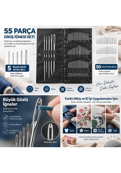 Store 55 Parça El Dikiş İğnesi Seti, Farklı Boylarda Büyük Gözlü İğneler, Deri, Nakış, Kanaviçe, Yorgan, Tamir Ve Hobi İçin